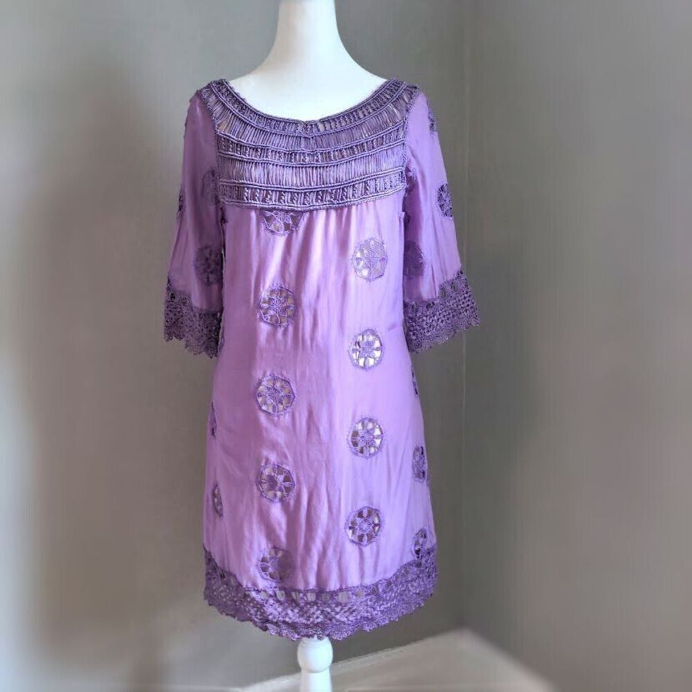 Anthropologie Tracy Reese Silk Dress Boho Embroidered Purple Cottagecore 2